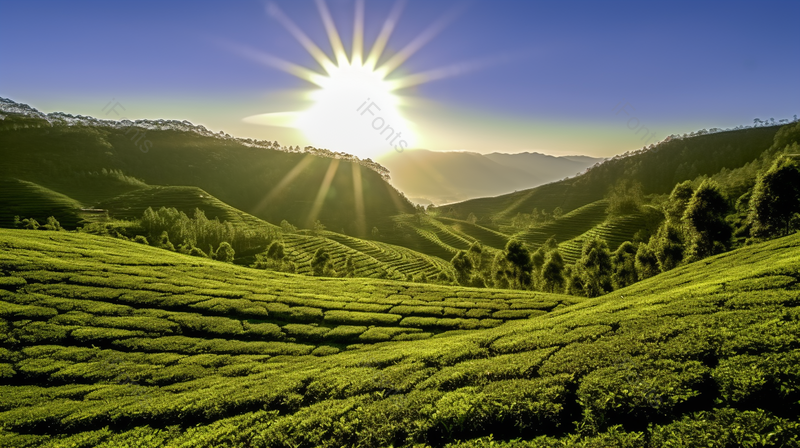 蓝天白云阳光照耀山茶园,高清,摄影图,摄影图片,图片大全,摄影图免费下载